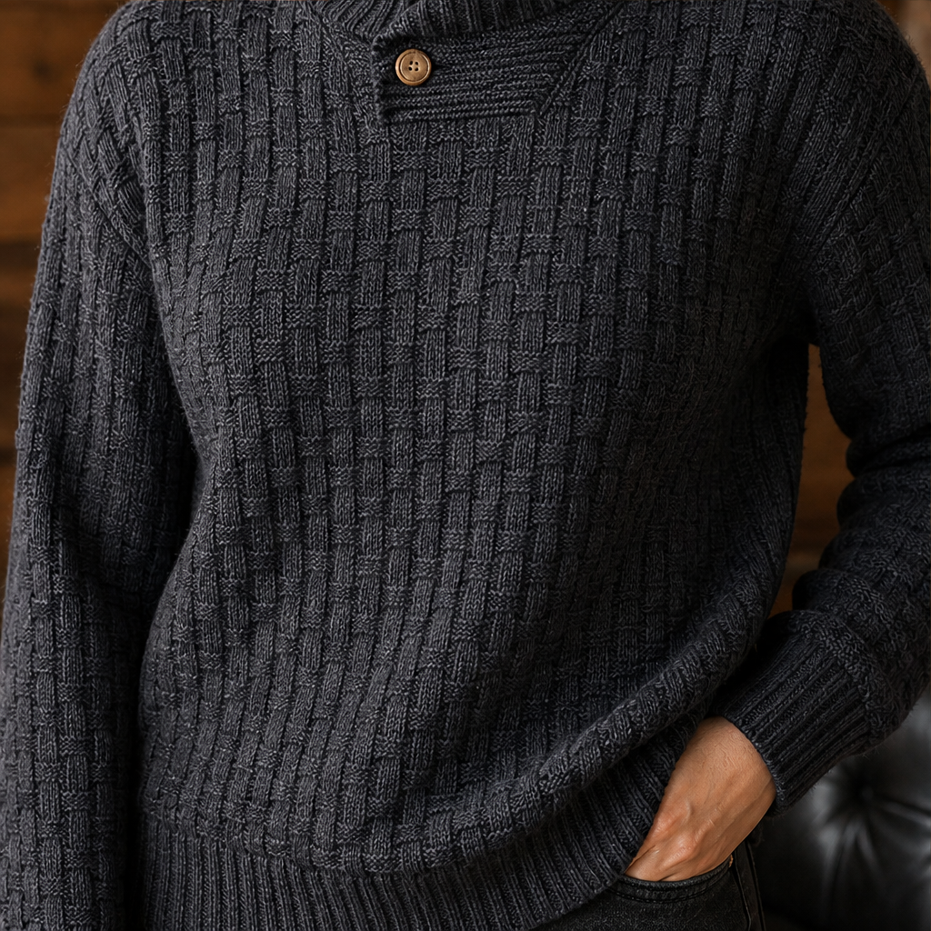 Thea Shawl Collar Jumper – Textured Knit Button Neck Pullover