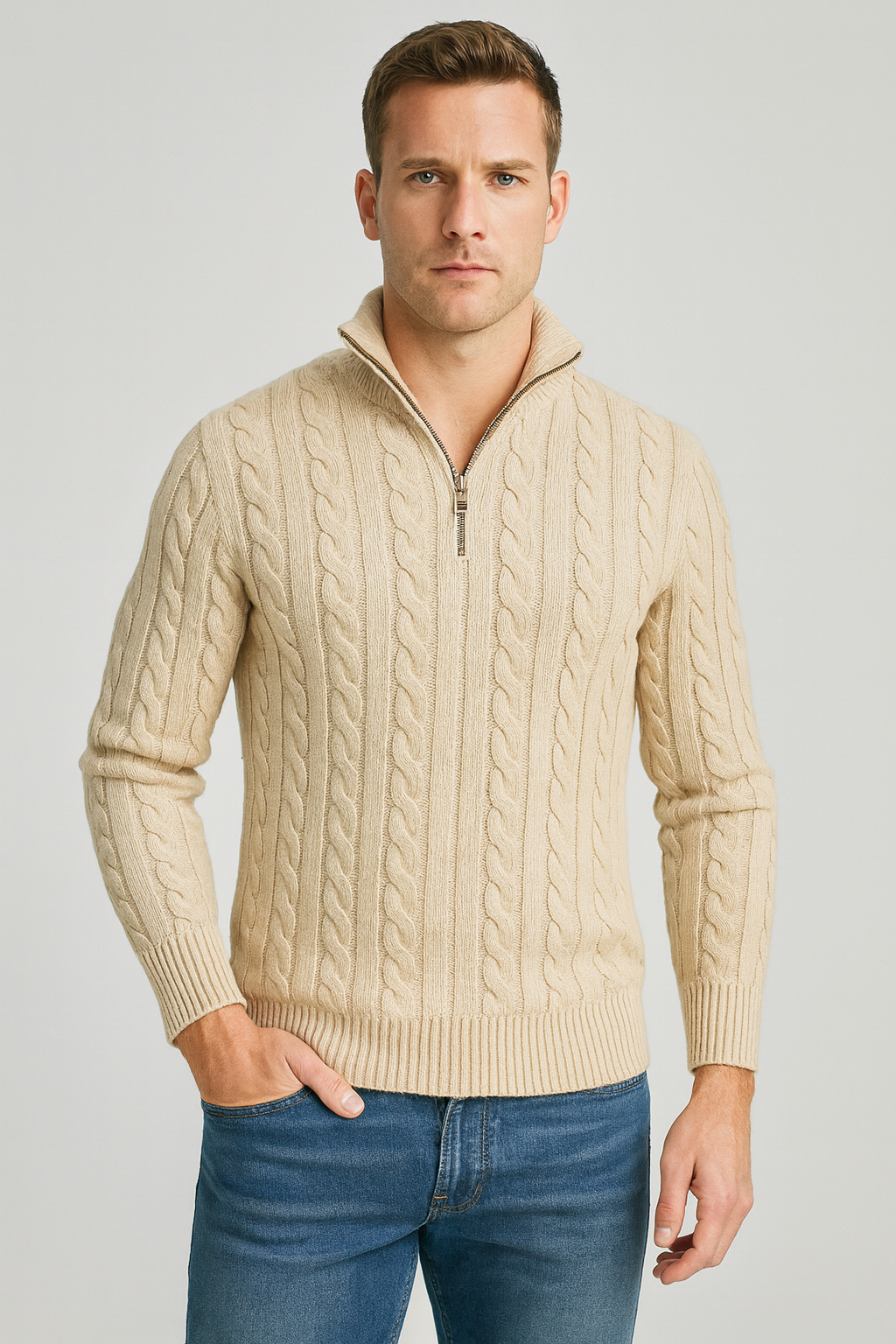 Thorne Cable Knit Half-Zip Sweater – Men's High Collar Chunky Knit Jumper