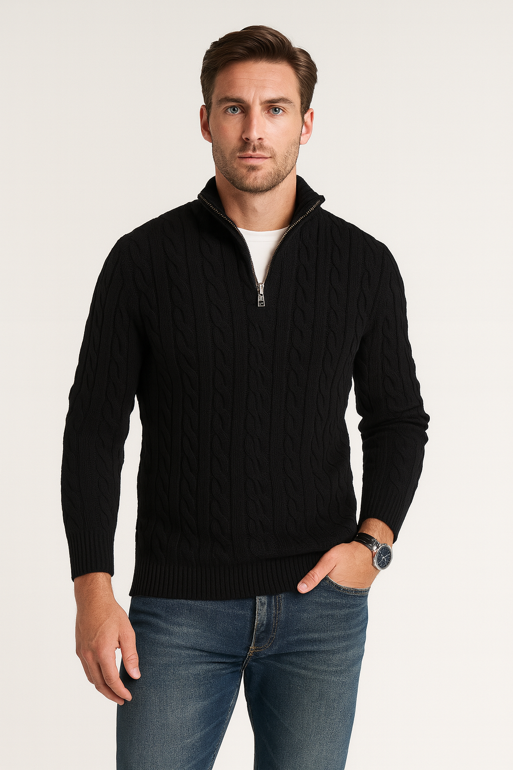 Thorne Cable Knit Half-Zip Sweater – Men's High Collar Chunky Knit Jumper