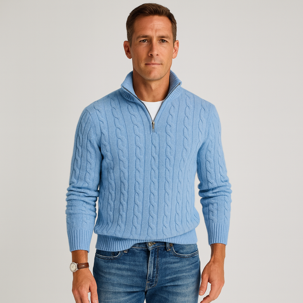 Thorne Cable Knit Half-Zip Sweater – Men's High Collar Chunky Knit Jumper