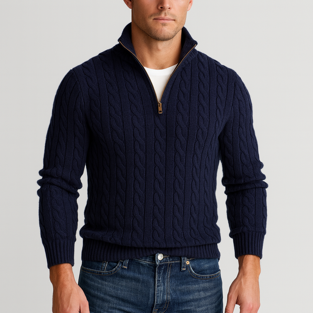 Thorne Cable Knit Half-Zip Sweater – Men's High Collar Chunky Knit Jumper