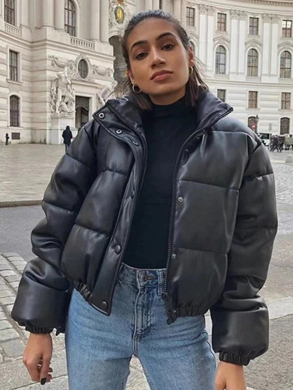 Ursula Solid Cropped Puffer Coat – Snap Fastening Long Sleeve Regular Fit | Dorvelli