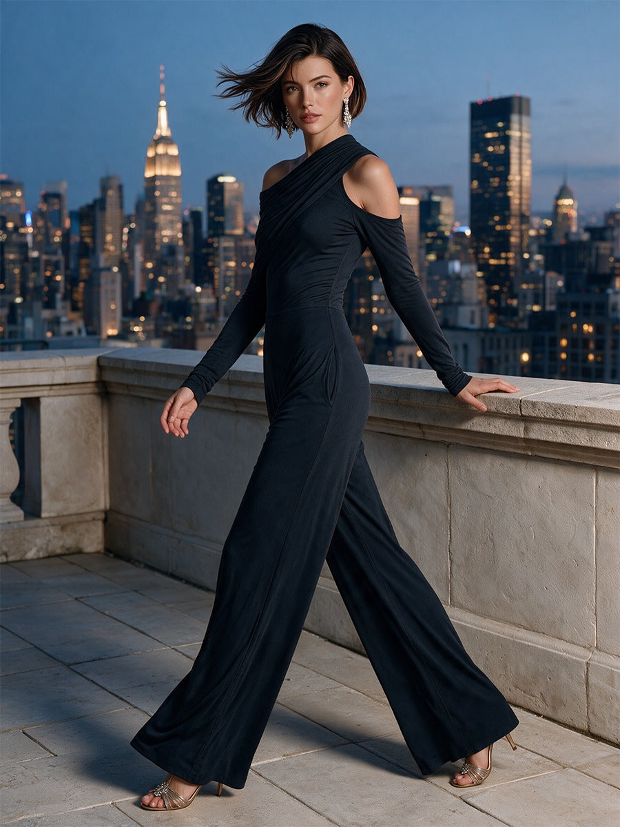 Valeska One-Shoulder Jumpsuit – Cut-Out Long Sleeve Wide-Leg Evening