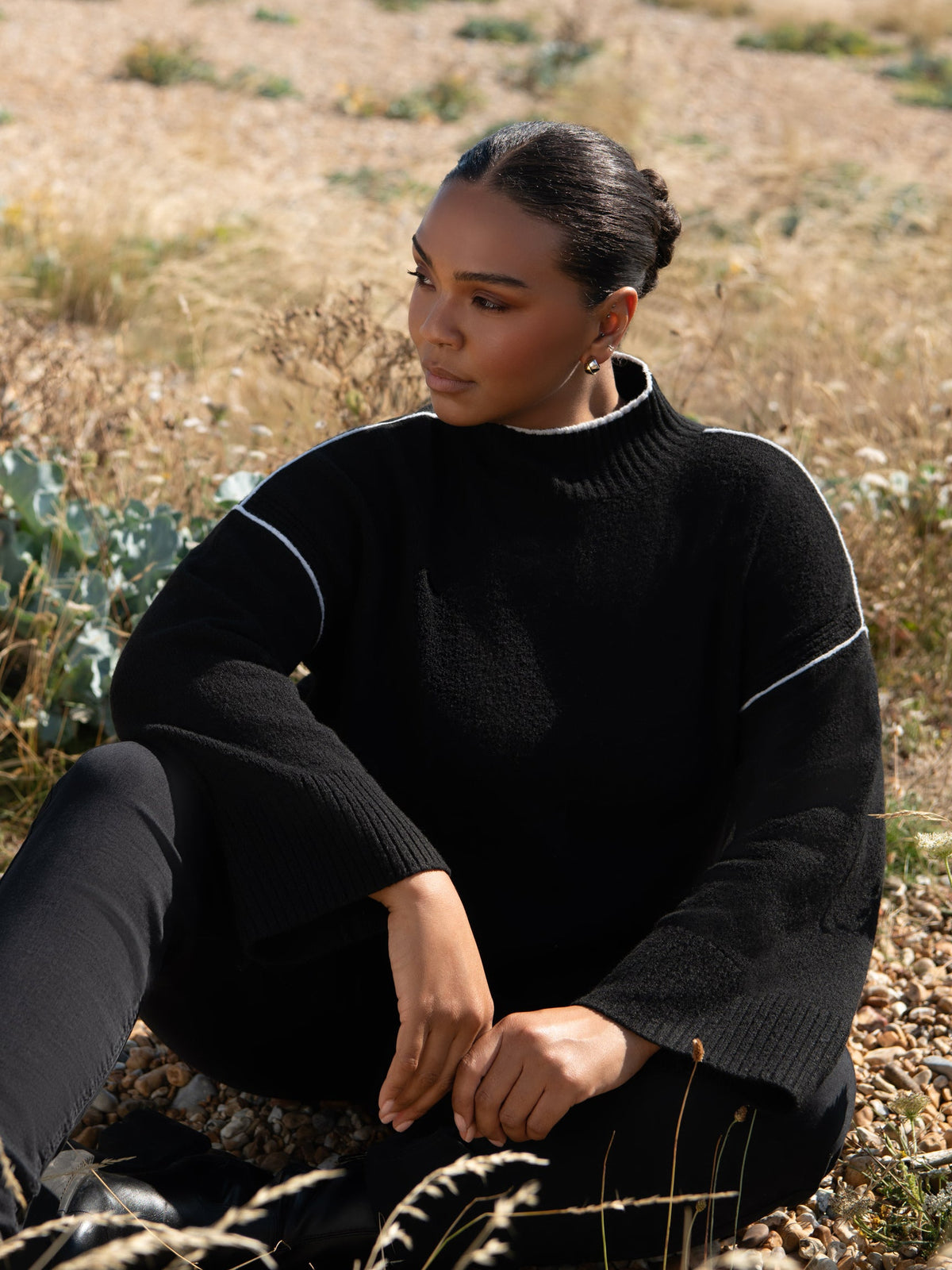 Verity Contrast Tipped Mock Neck Jumper – Black
