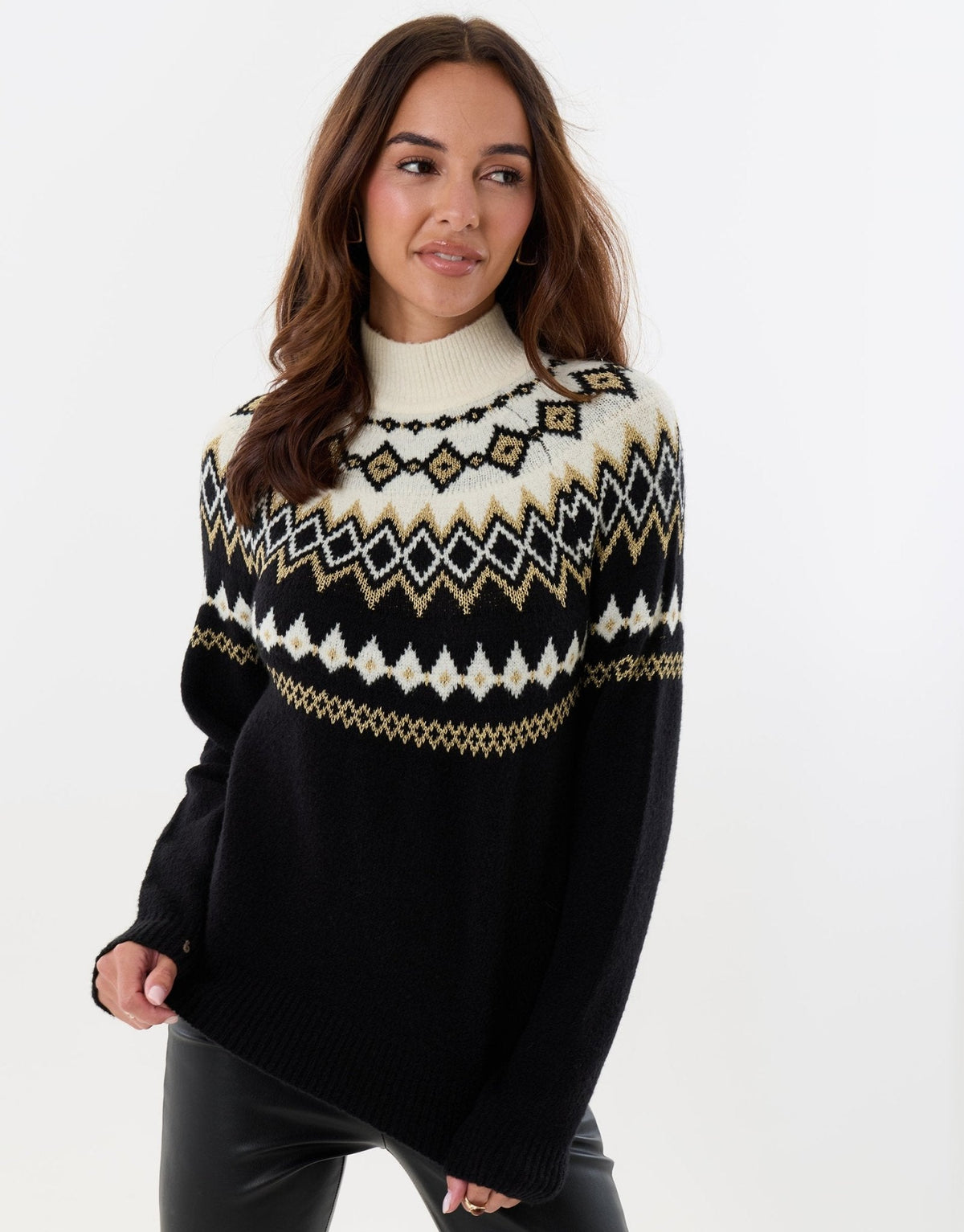 Vesna Nordic Yoke Mock Neck Jumper – Women's Fair Isle Stand Collar Knit Sweater