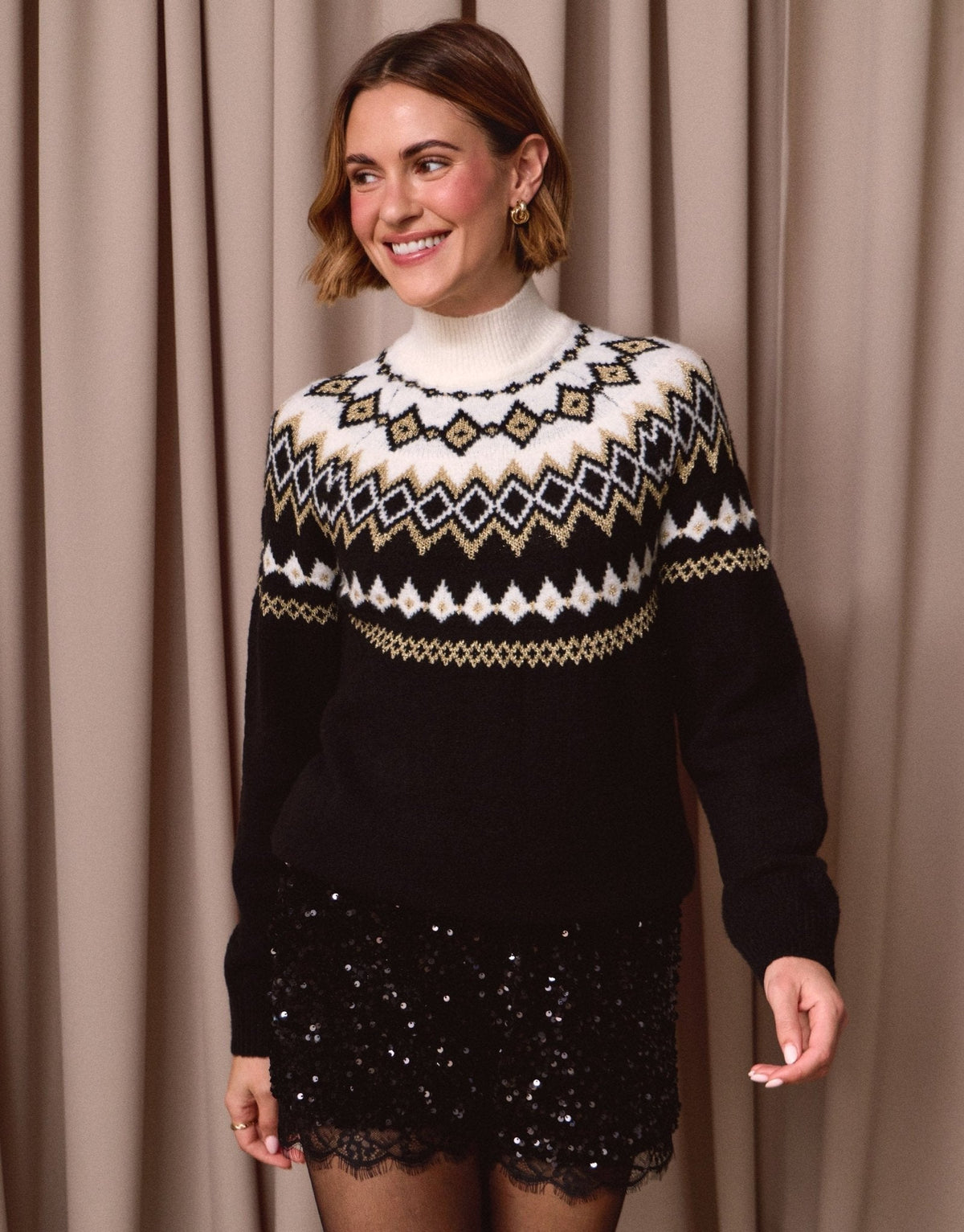 Vesna Nordic Yoke Mock Neck Jumper – Women's Fair Isle Stand Collar Knit Sweater