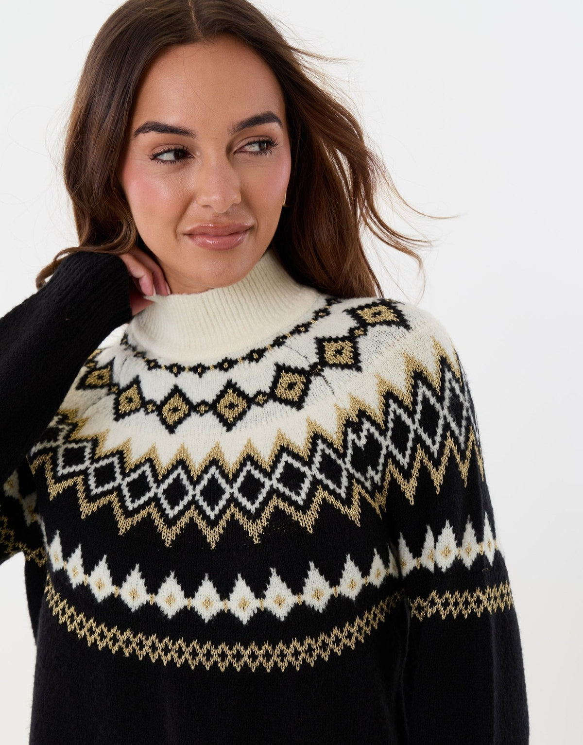 Vesna Nordic Yoke Mock Neck Jumper – Women's Fair Isle Stand Collar Knit Sweater