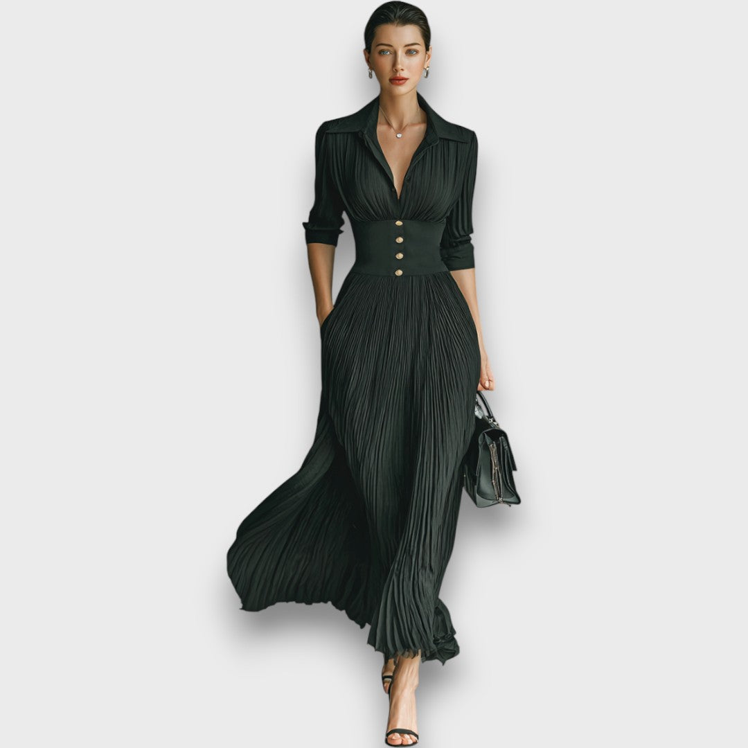Vivienne Collared V-Neck Maxi Dress – Button Waist Pleated Skirt Three-Quarter Sleeve