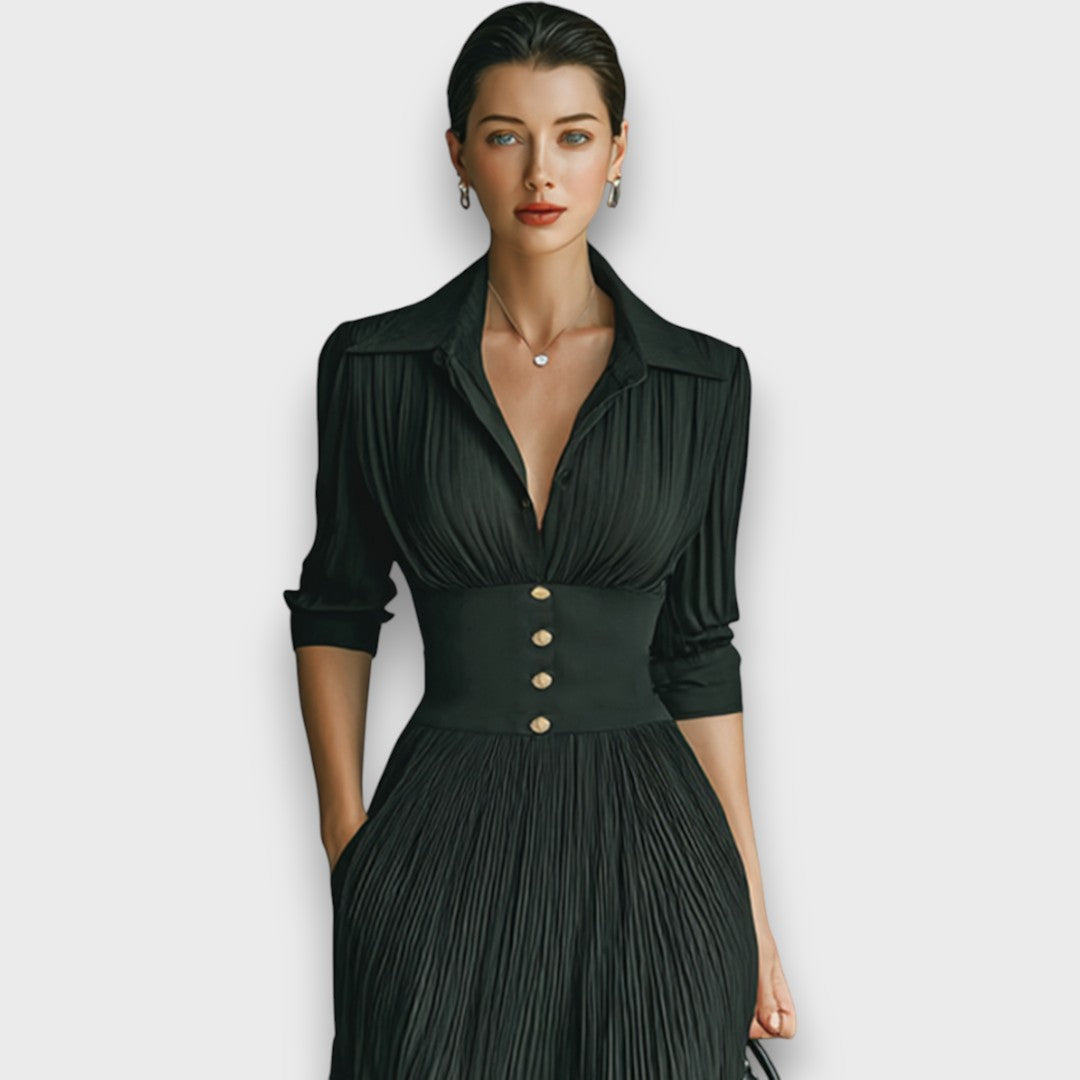 Vivienne Collared V-Neck Maxi Dress – Button Waist Pleated Skirt Three-Quarter Sleeve
