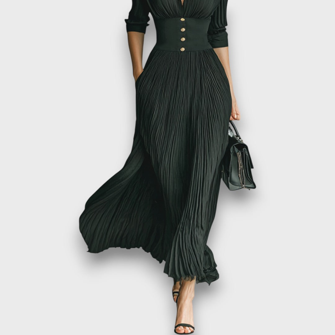 Vivienne Collared V-Neck Maxi Dress – Button Waist Pleated Skirt Three-Quarter Sleeve