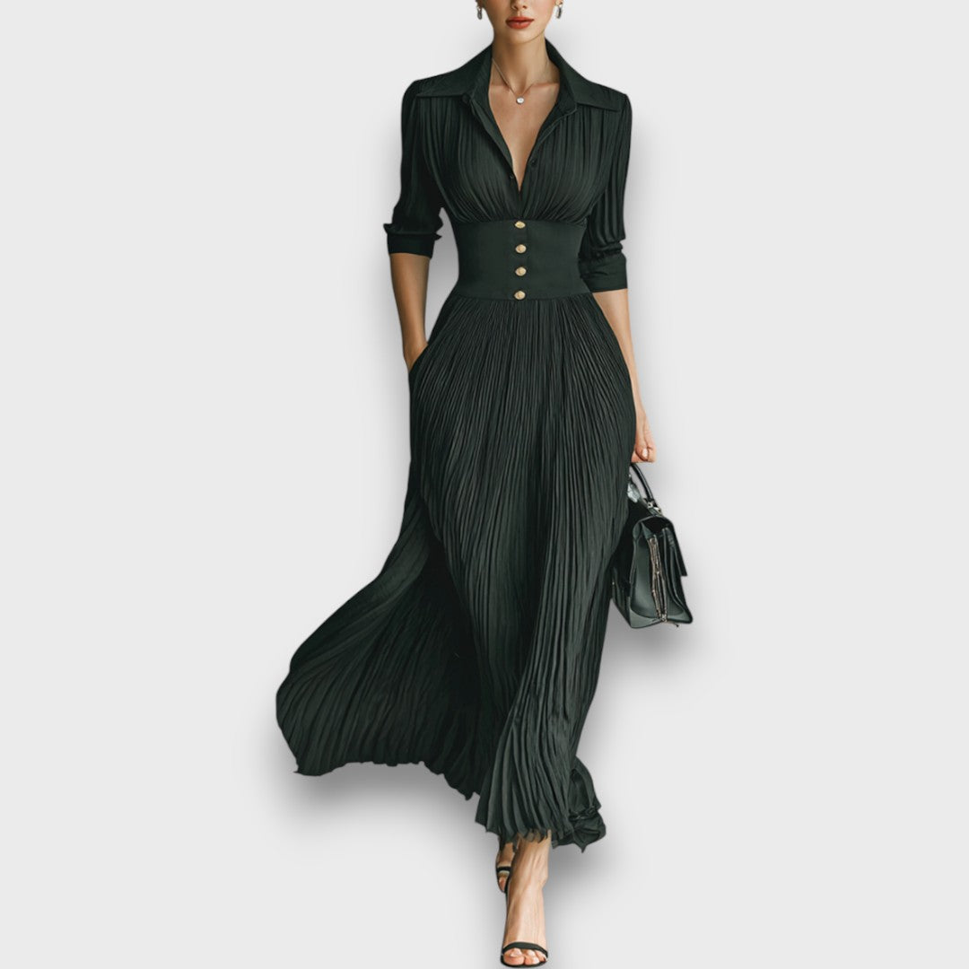 Vivienne Collared V-Neck Maxi Dress – Button Waist Pleated Skirt Three-Quarter Sleeve