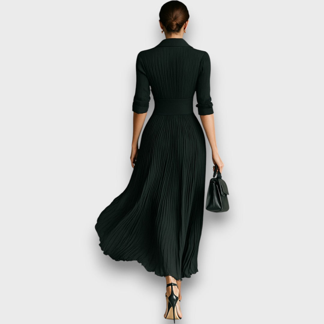 Vivienne Collared V-Neck Maxi Dress – Button Waist Pleated Skirt Three-Quarter Sleeve