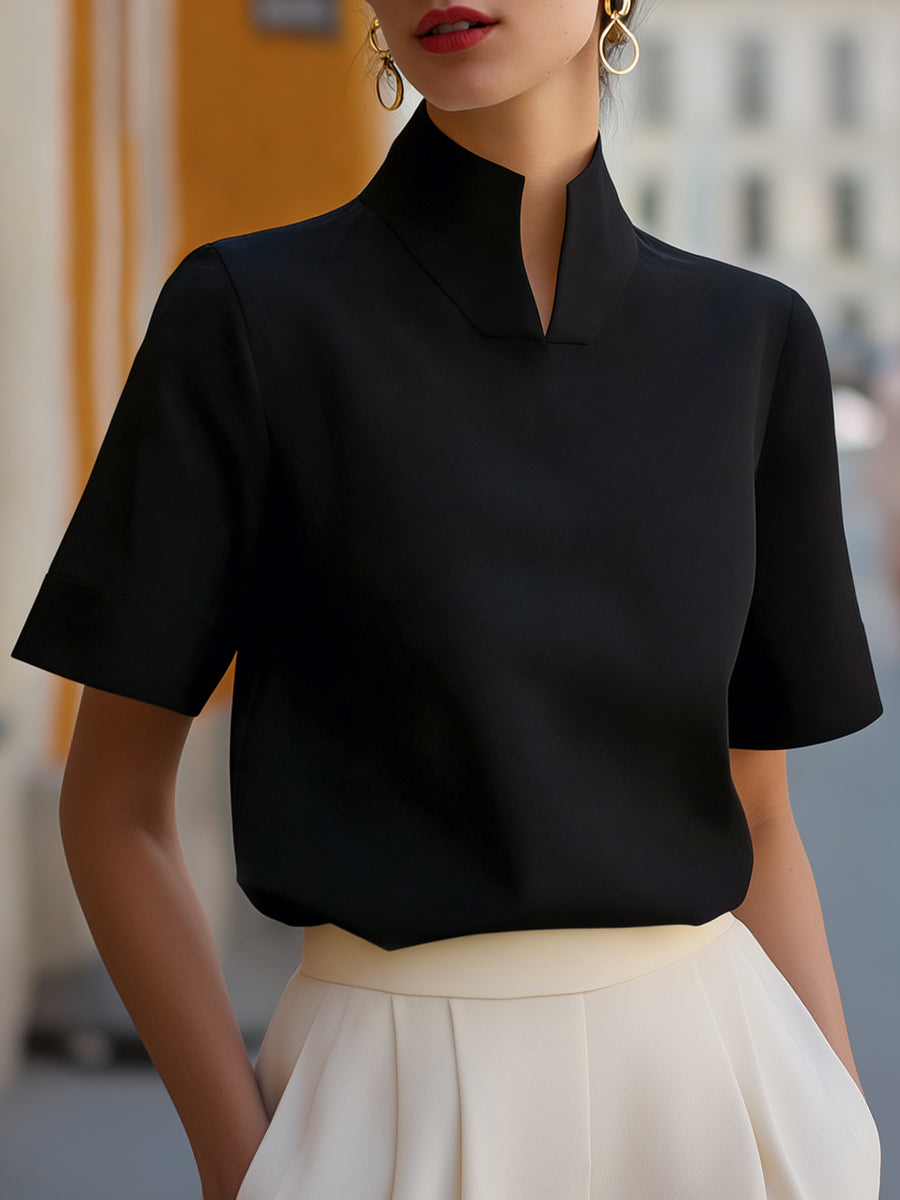 Dorvelli | Women's Blouse – Stand Collar Minimalist - Black