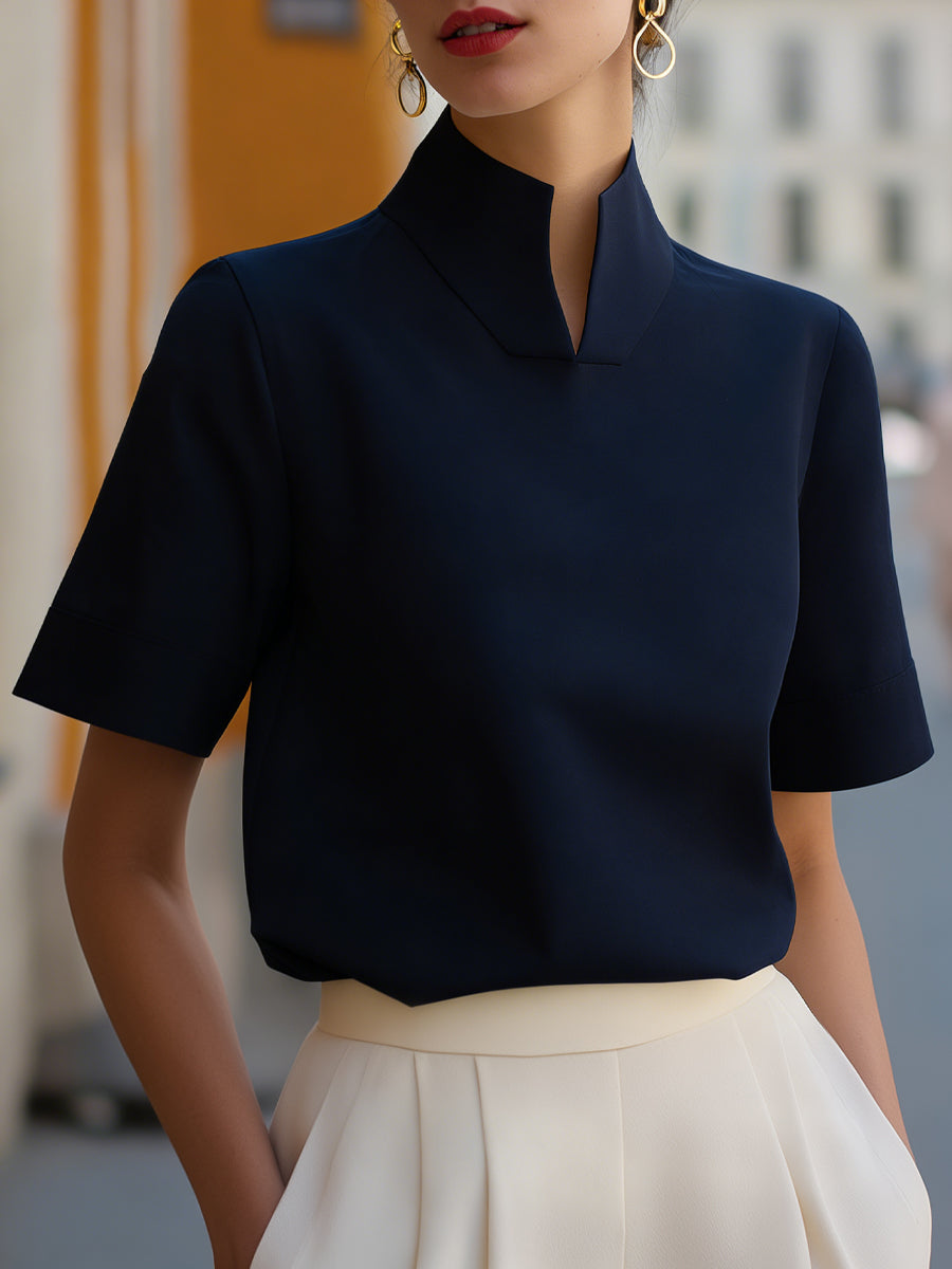 Dorvelli | Women's Blouse – Stand Collar Minimalist - Navy