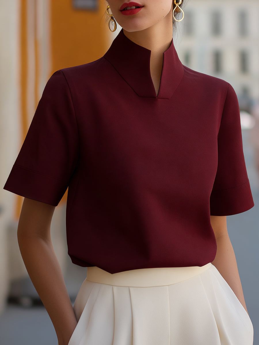 Dorvelli | Women's Blouse – Stand Collar Minimalist - Wine Red