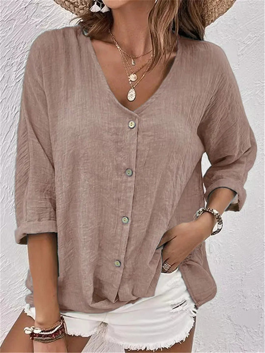 Dorvelli | Women’s Blouse – V-Neck Button-Front