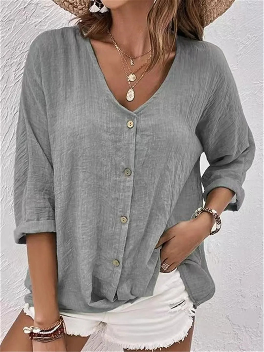 Dorvelli | Women’s Blouse – V-Neck Button-Front
