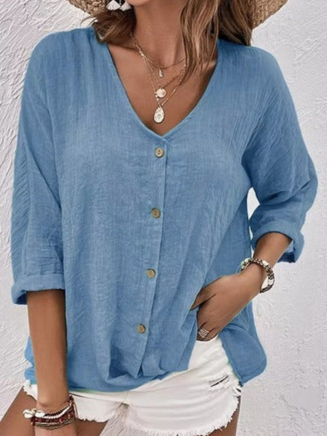 Dorvelli | Women’s Blouse – V-Neck Button-Front