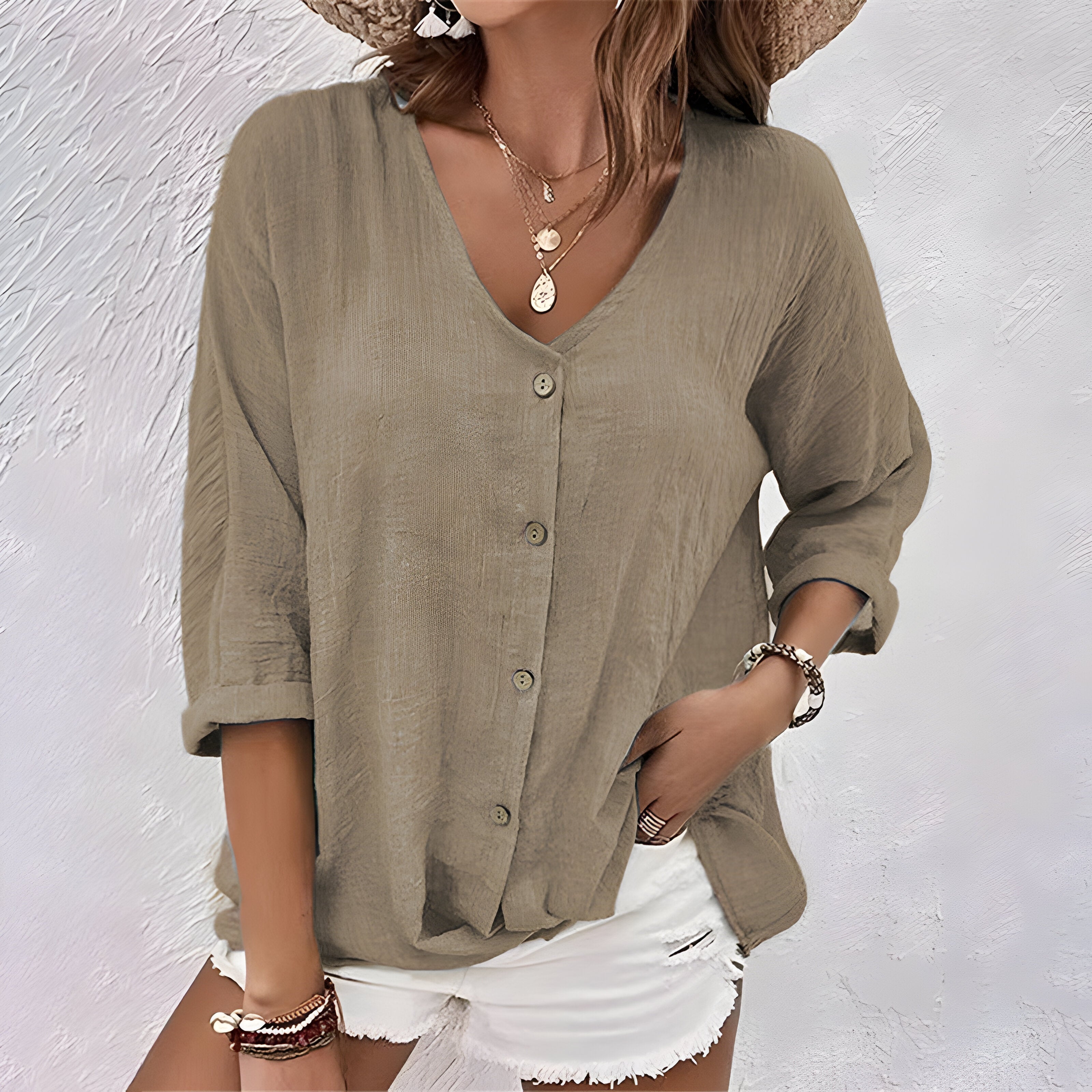 Dorvelli | Women's Blouse – Relaxed Button-Up - Khaki
