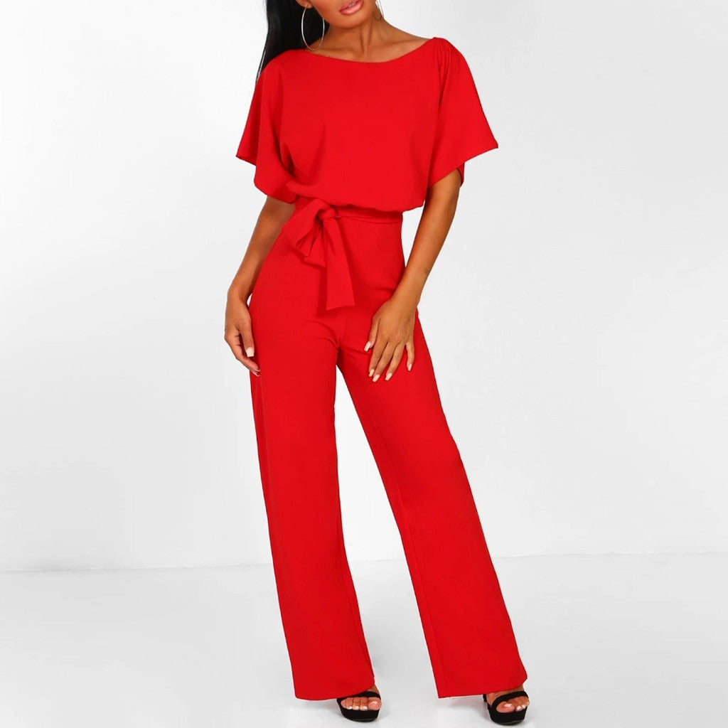 Dorvelli | Women's Jumpsuit – Boat Neck Belt - Red