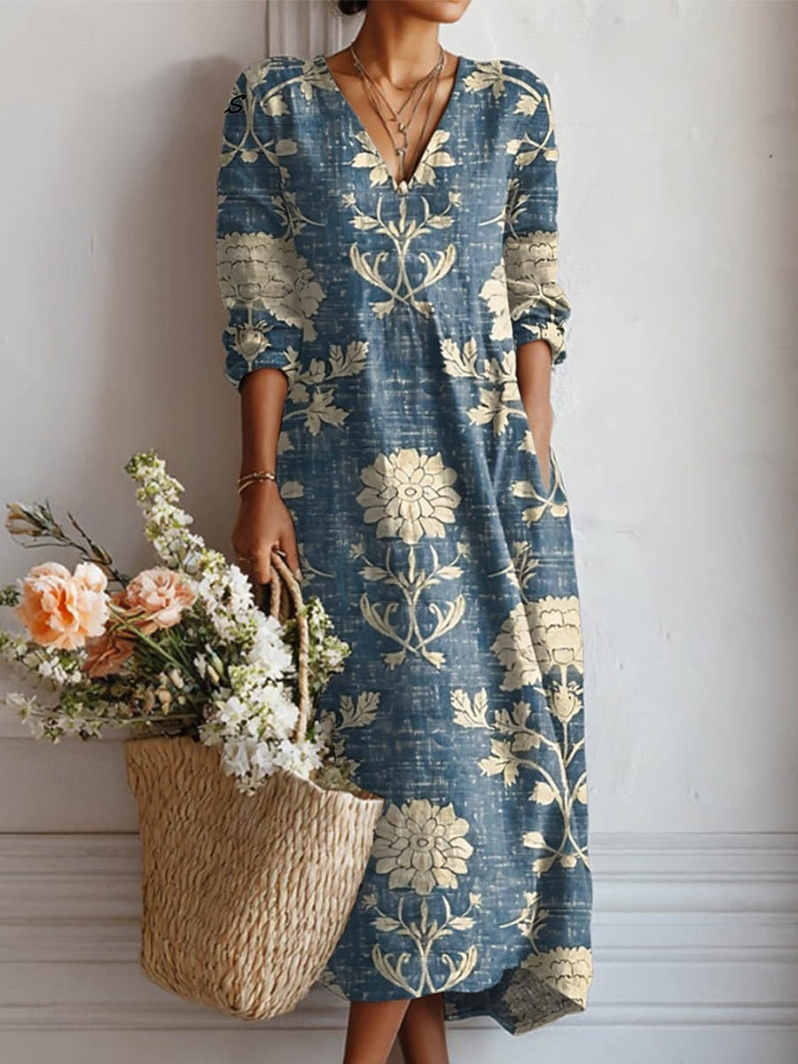 Dorvelli | Women’s Midi Dress – Boho Floral V-Neck Pocket
