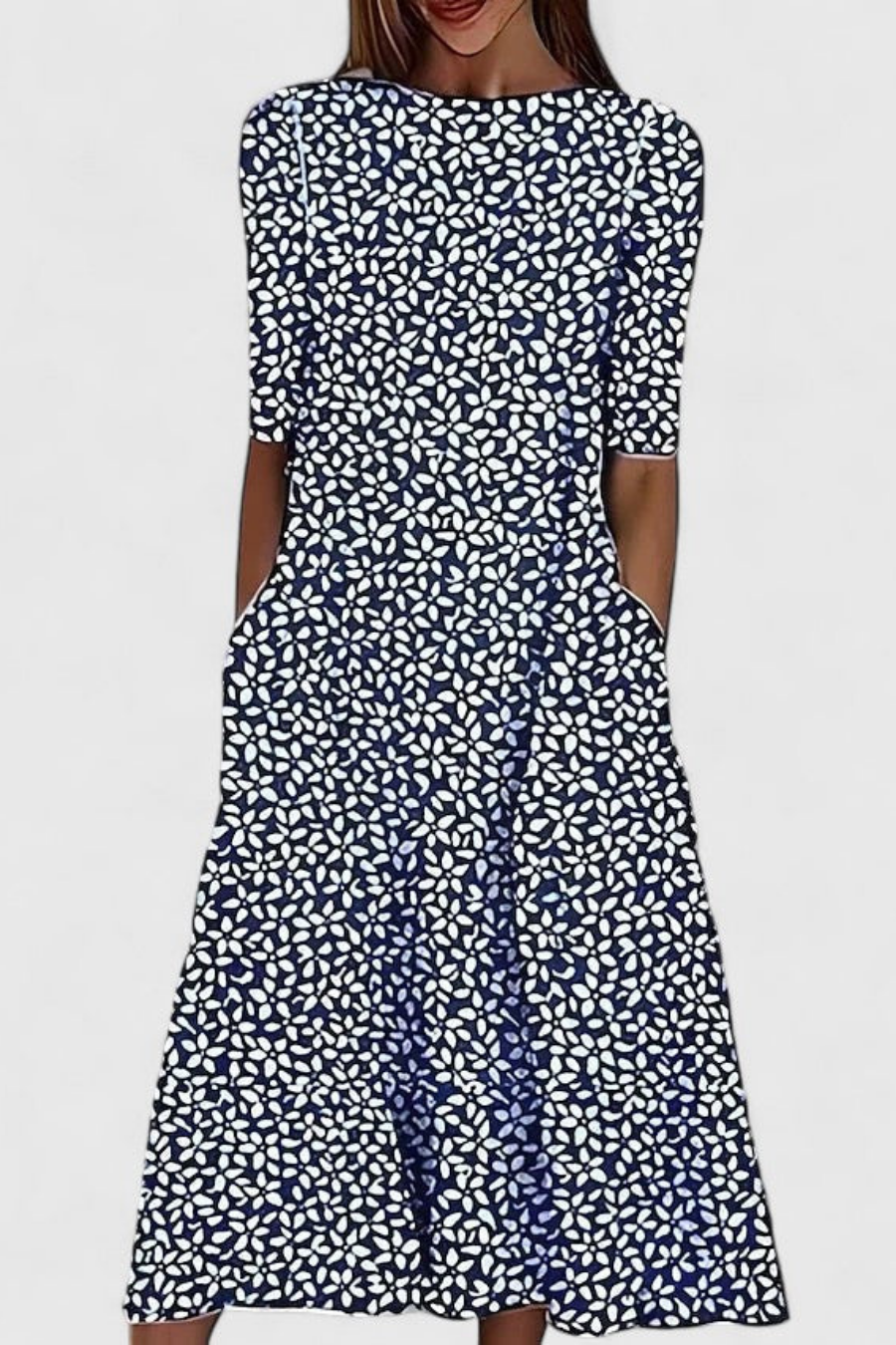 Dorvelli | Women’s Midi Dress – Floral Round-Neck Pocket