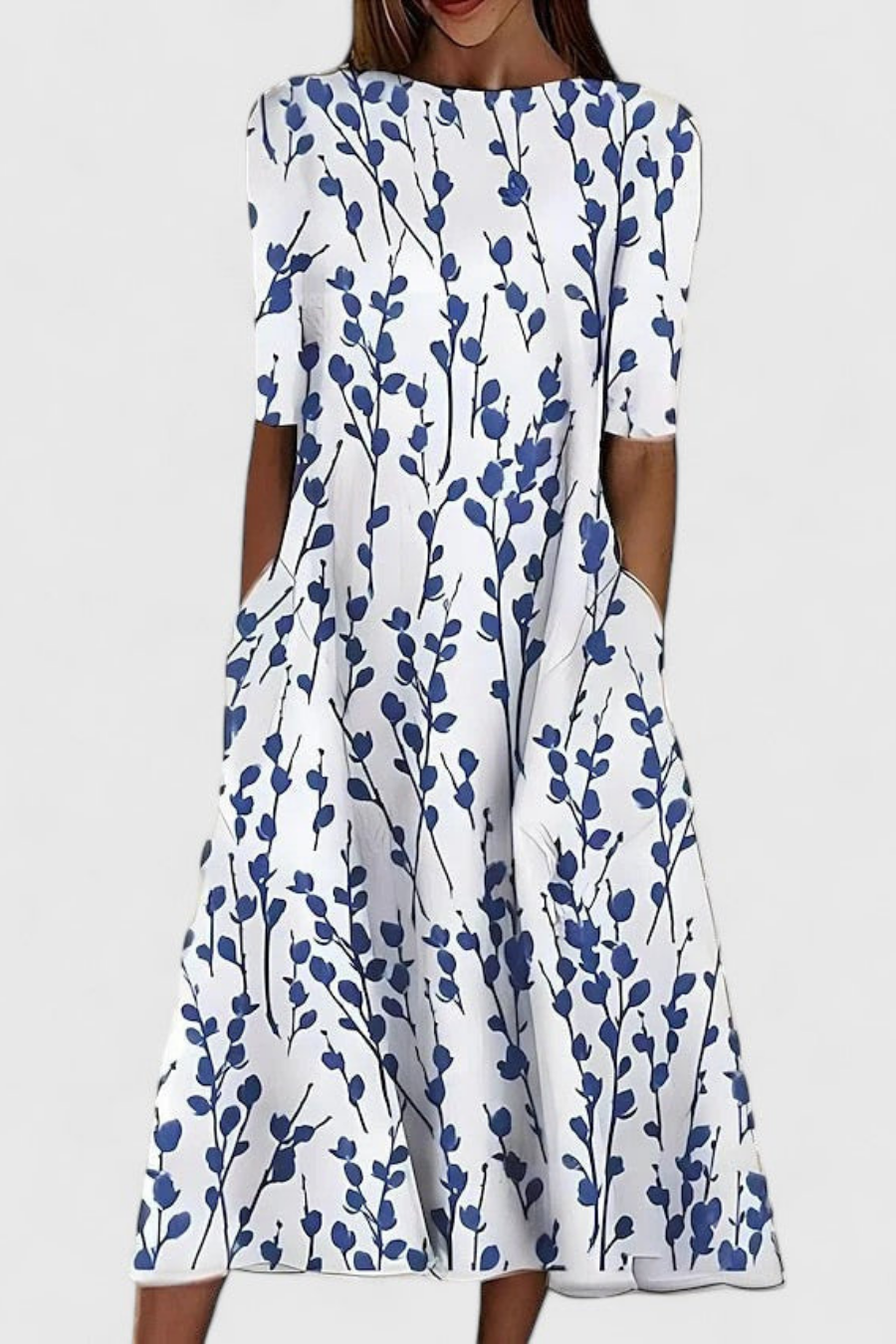 Dorvelli | Women’s Midi Dress – Floral Round-Neck Pocket
