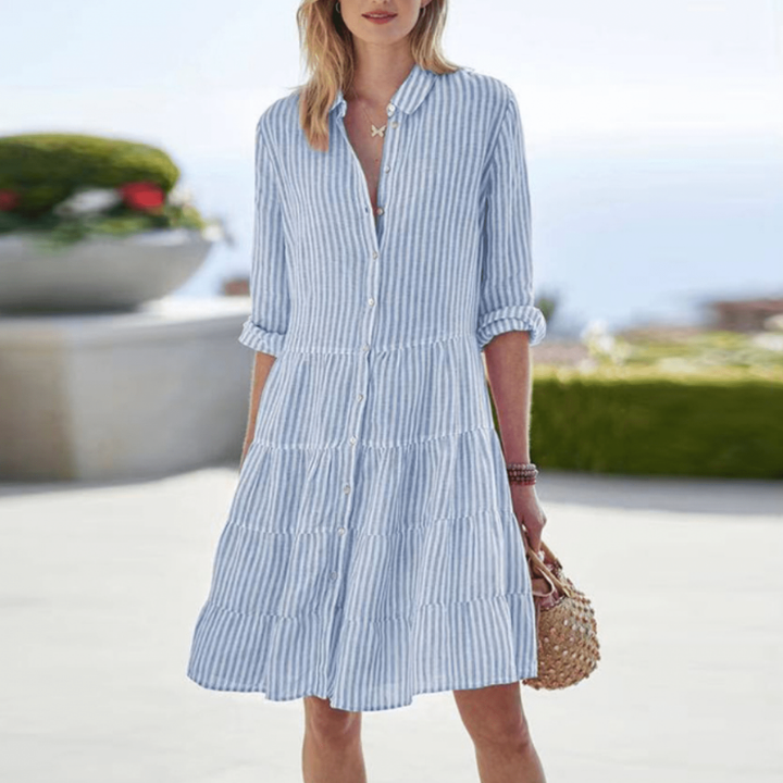 Dorvelli | Women’s Mini Dress – Striped Tiered Button-Down
