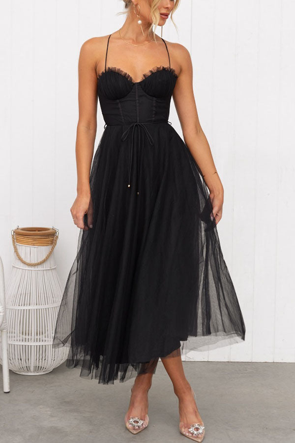 Dorvelli | Women's Midi Dress – Corset Tulle Spaghetti - Black