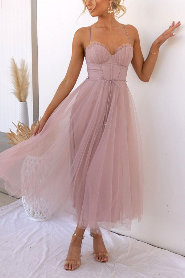Dorvelli | Women's Midi Dress – Corset Tulle Spaghetti - Pink