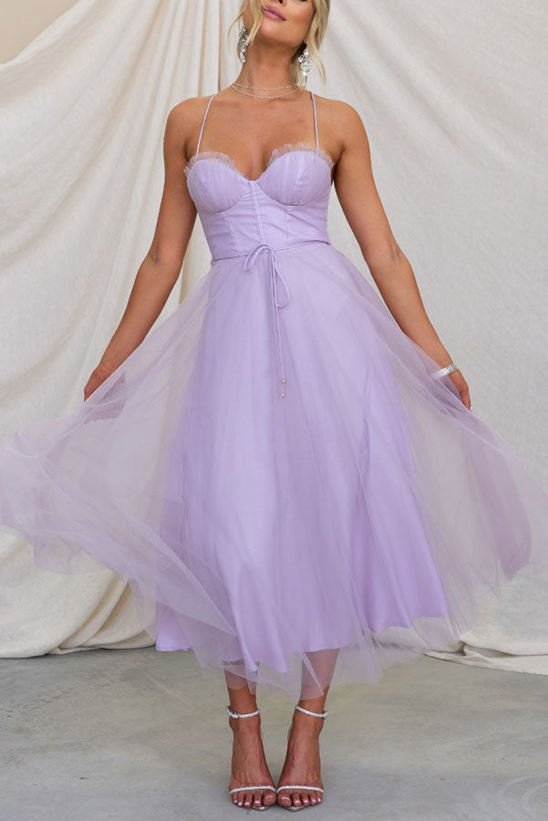 Dorvelli | Women's Midi Dress – Corset Tulle Spaghetti - Purple