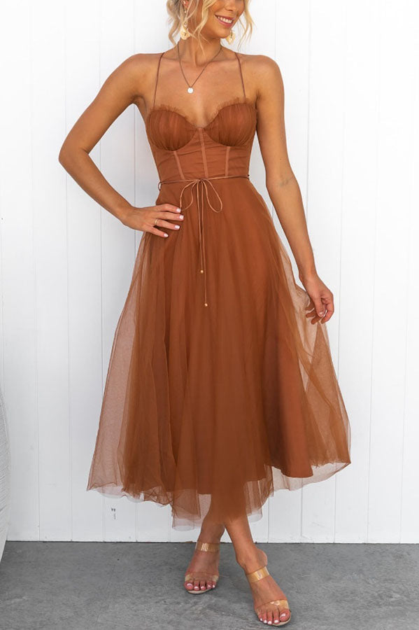 Dorvelli | Women's Midi Dress – Corset Tulle Spaghetti - Rust