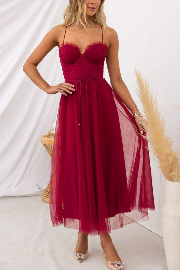 Dorvelli | Women's Midi Dress – Corset Tulle Spaghetti - Wine Red