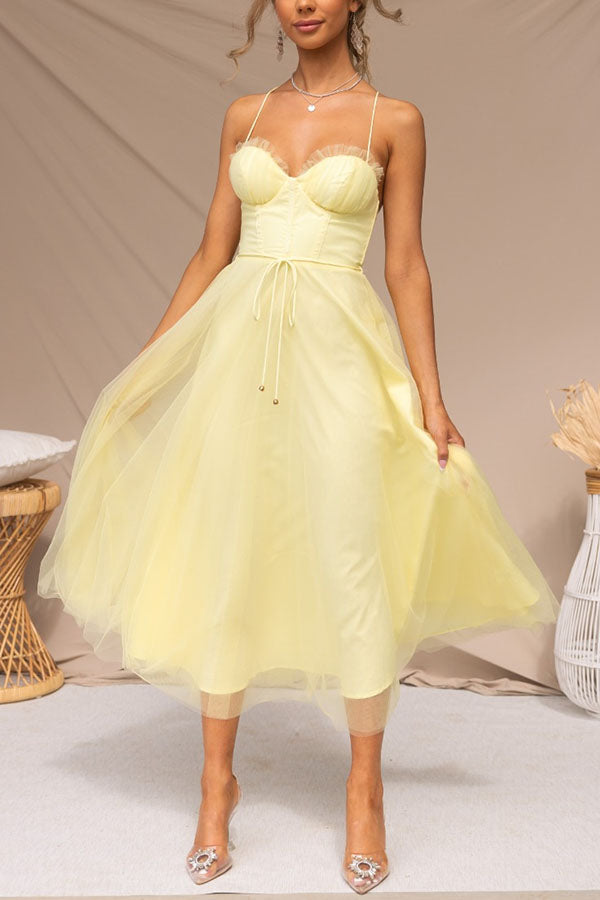 Dorvelli | Women's Midi Dress – Corset Tulle Spaghetti - Yellow