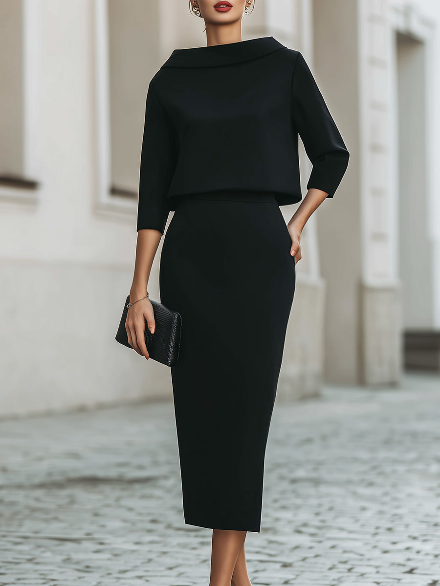 Dorvelli | Women's Set – Boat Neck Midi Skirt - Black