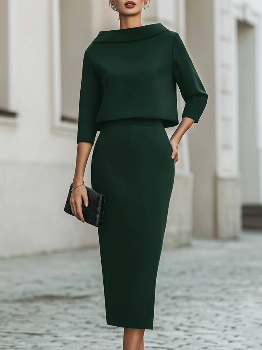 Dorvelli | Women's Set – Boat Neck Midi Skirt - Green