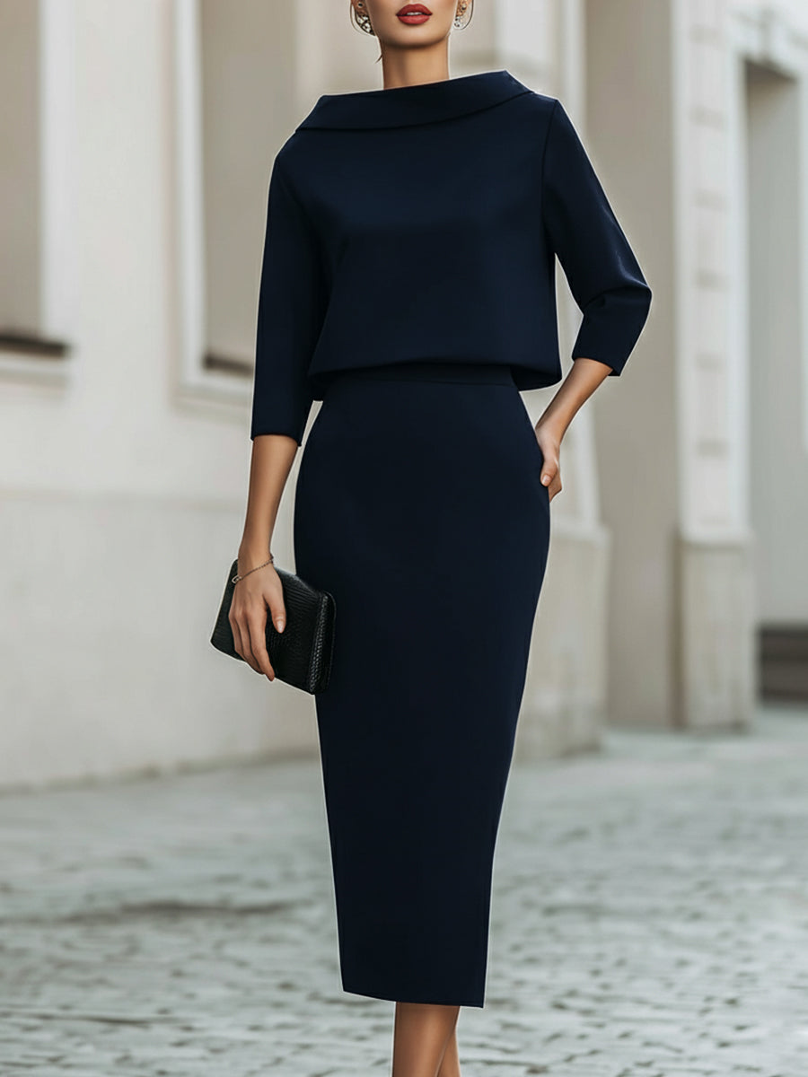 Dorvelli | Women's Set – Boat Neck Midi Skirt - Navy