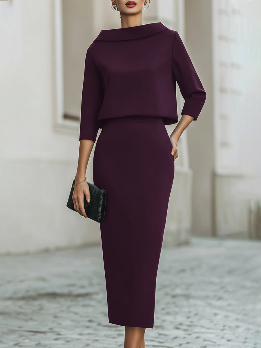 Dorvelli | Women's Set – Boat Neck Midi Skirt - Purple