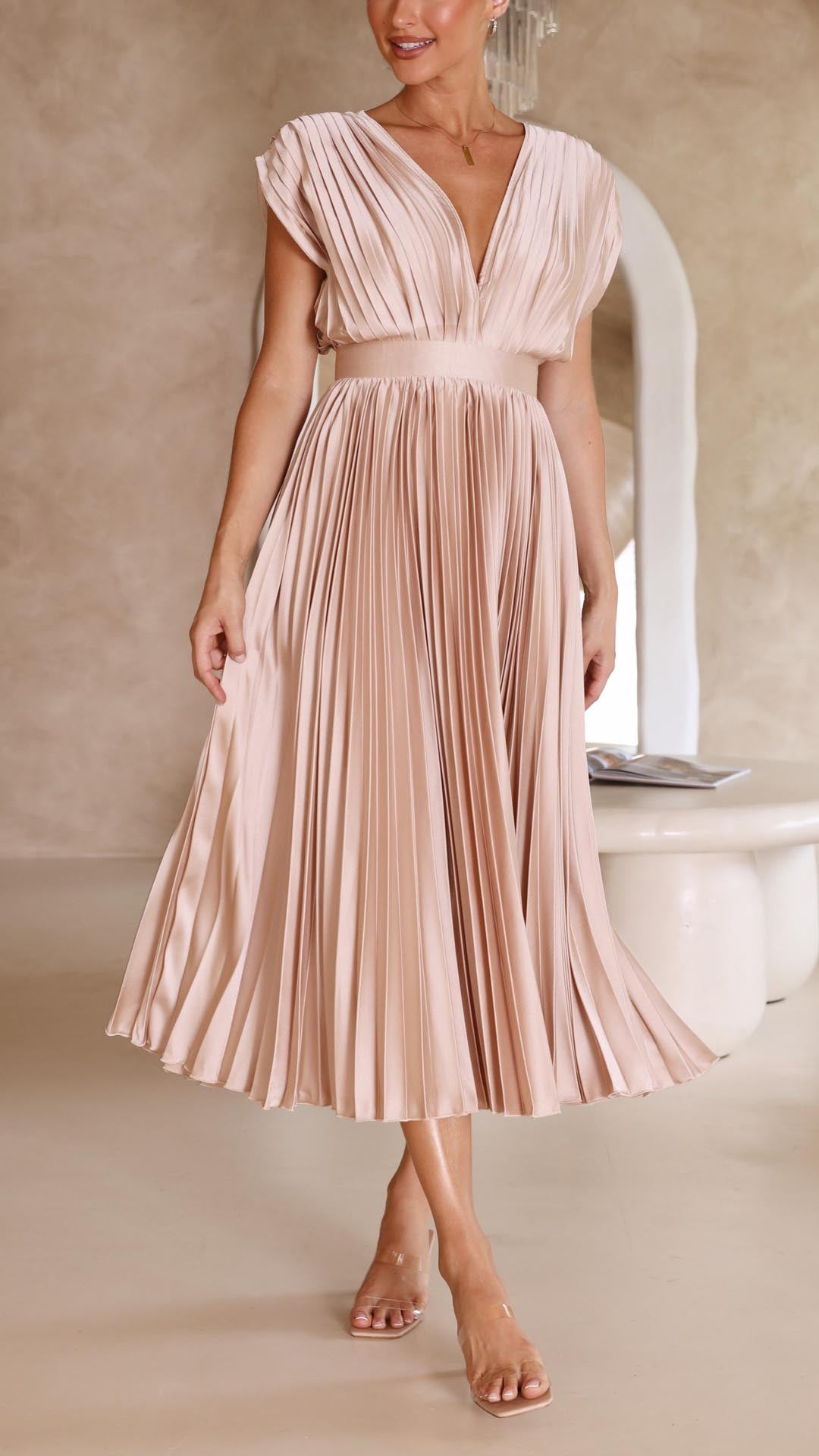 Dorvelli | Women's Maxi Dress – Elegant Pleated - Beige