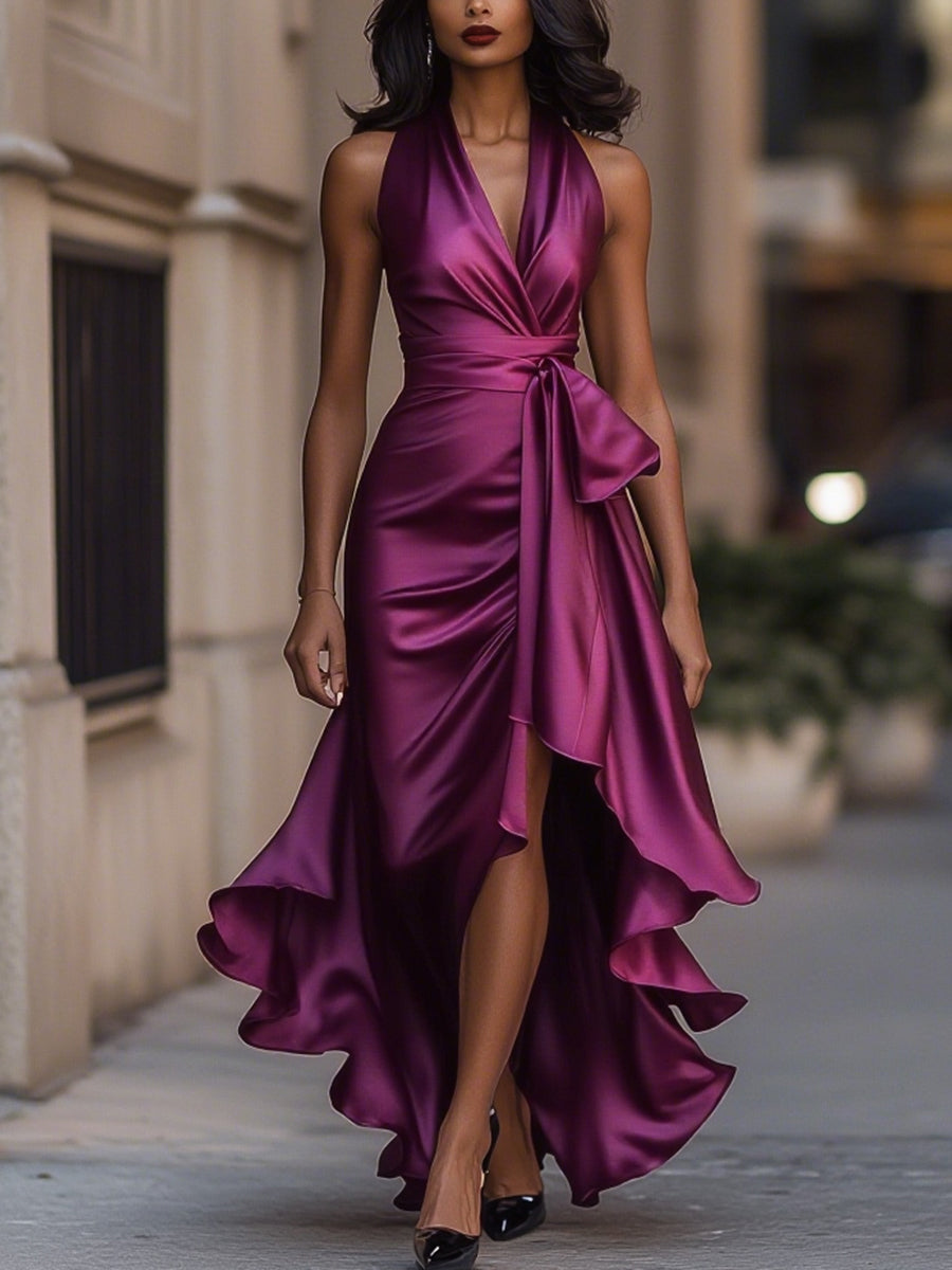 Dorvelli | Women's Maxi Dress – Satin Halter Ruffle - Rose Red