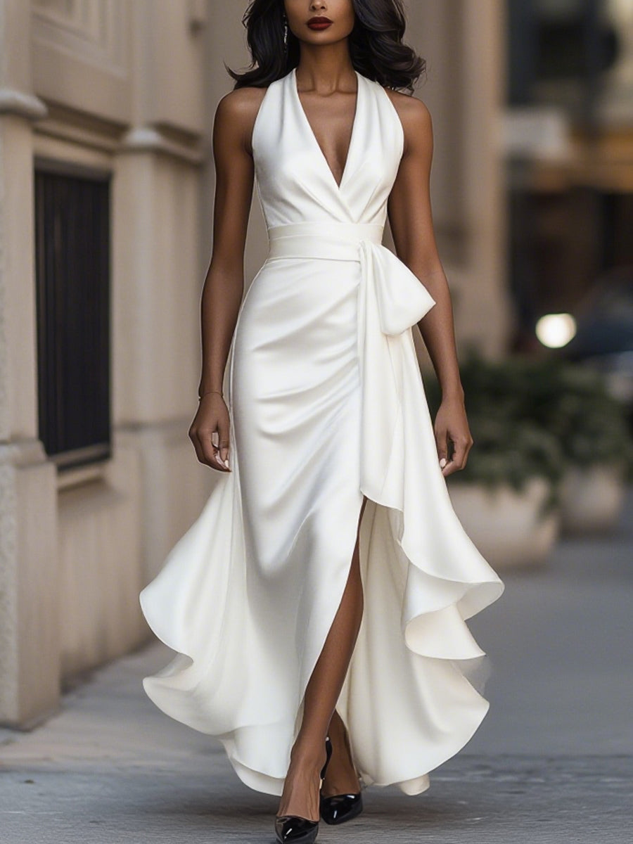 Dorvelli | Women's Maxi Dress – Satin Halter Ruffle - White
