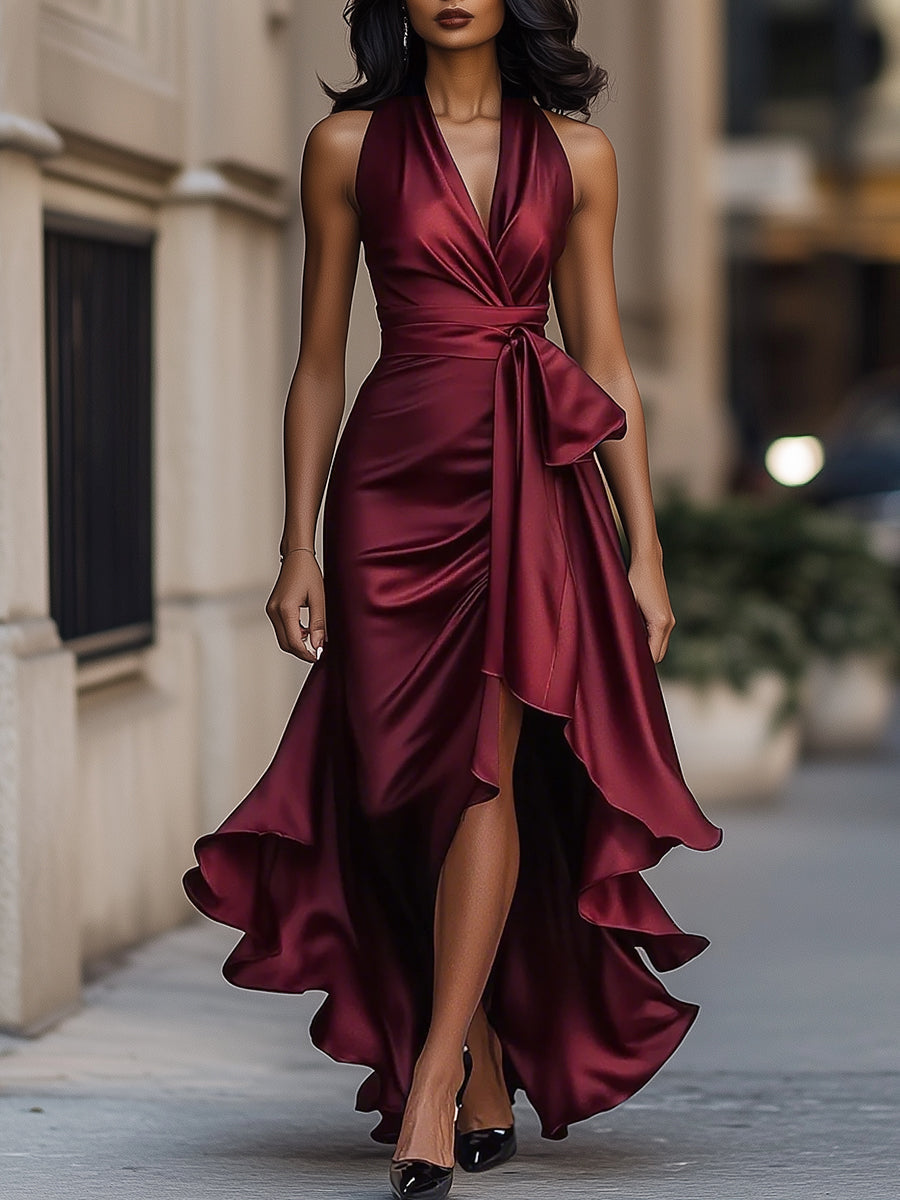 Dorvelli | Women's Maxi Dress – Satin Halter Ruffle - Wine Red