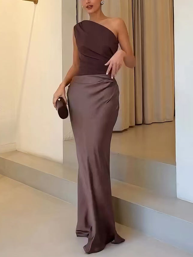 Dorvelli | Women’s Wedding Guest Maxi Dress – One-Shoulder Pleated Gown