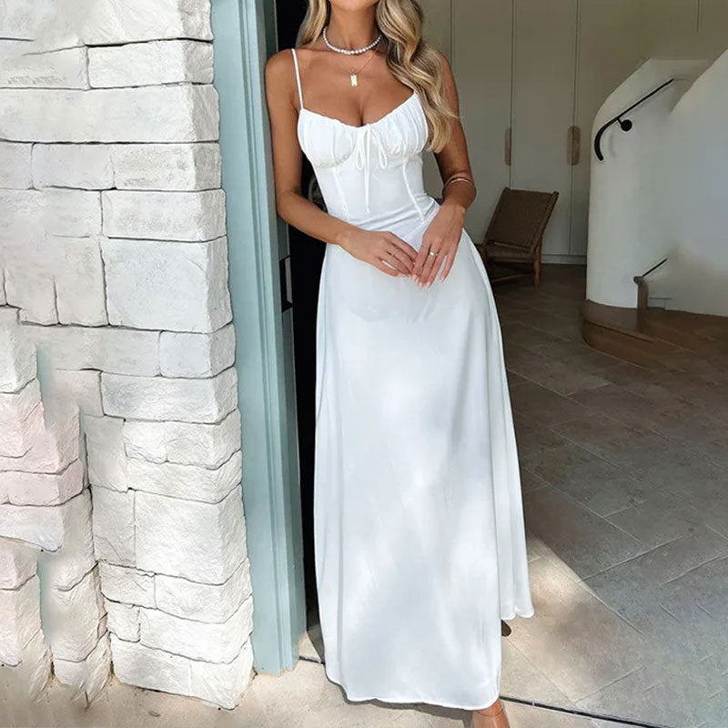 Dorvelli | Women's Maxi Dress – Ruched Bodice Sleeveless - White