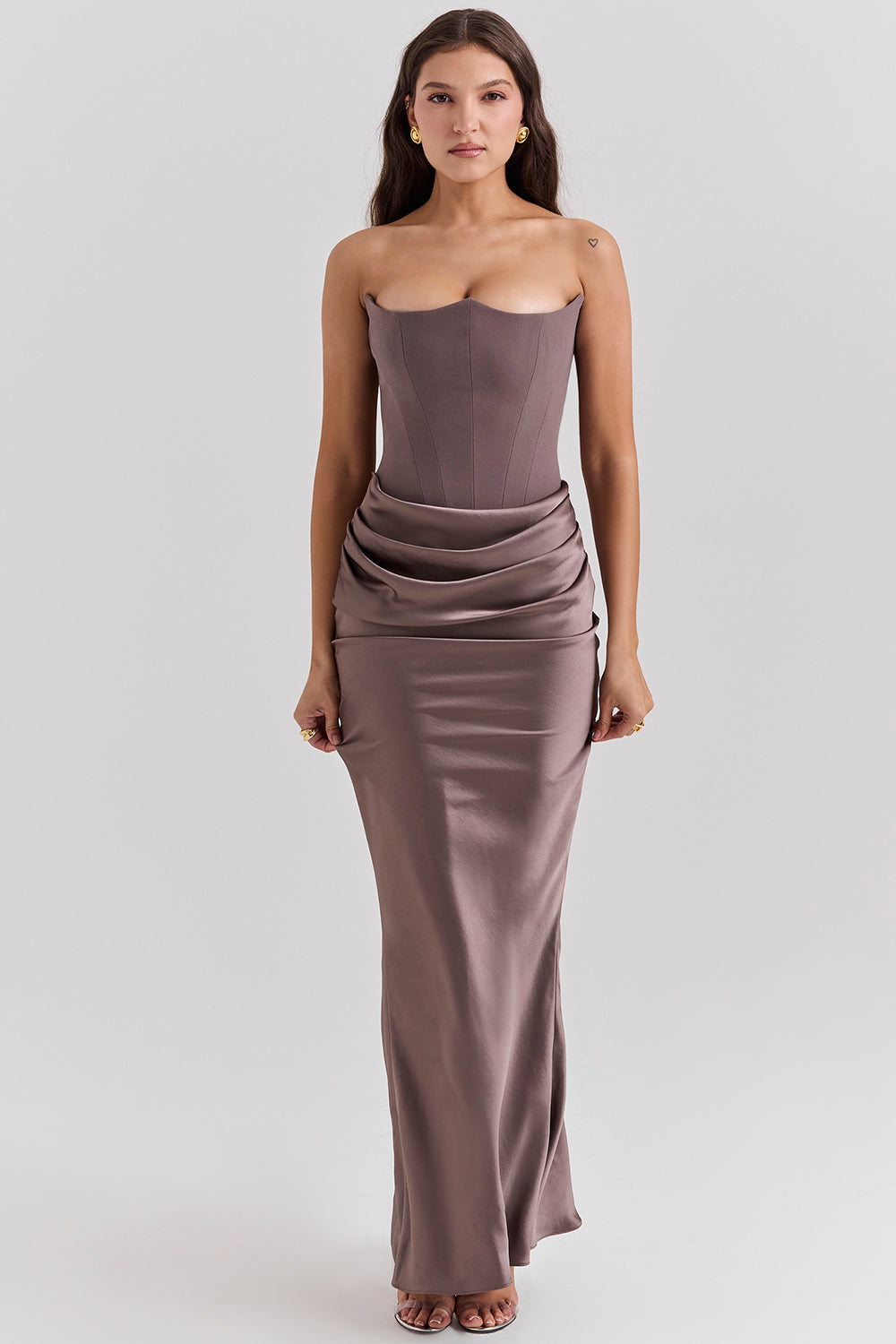 Dorvelli | Women's Dress – Strapless Draped Hip - Brown