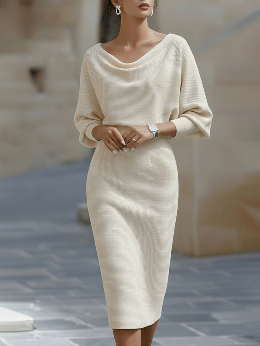 Dorvelli | Women's Midi Dress – White Batwing Draped - Beige