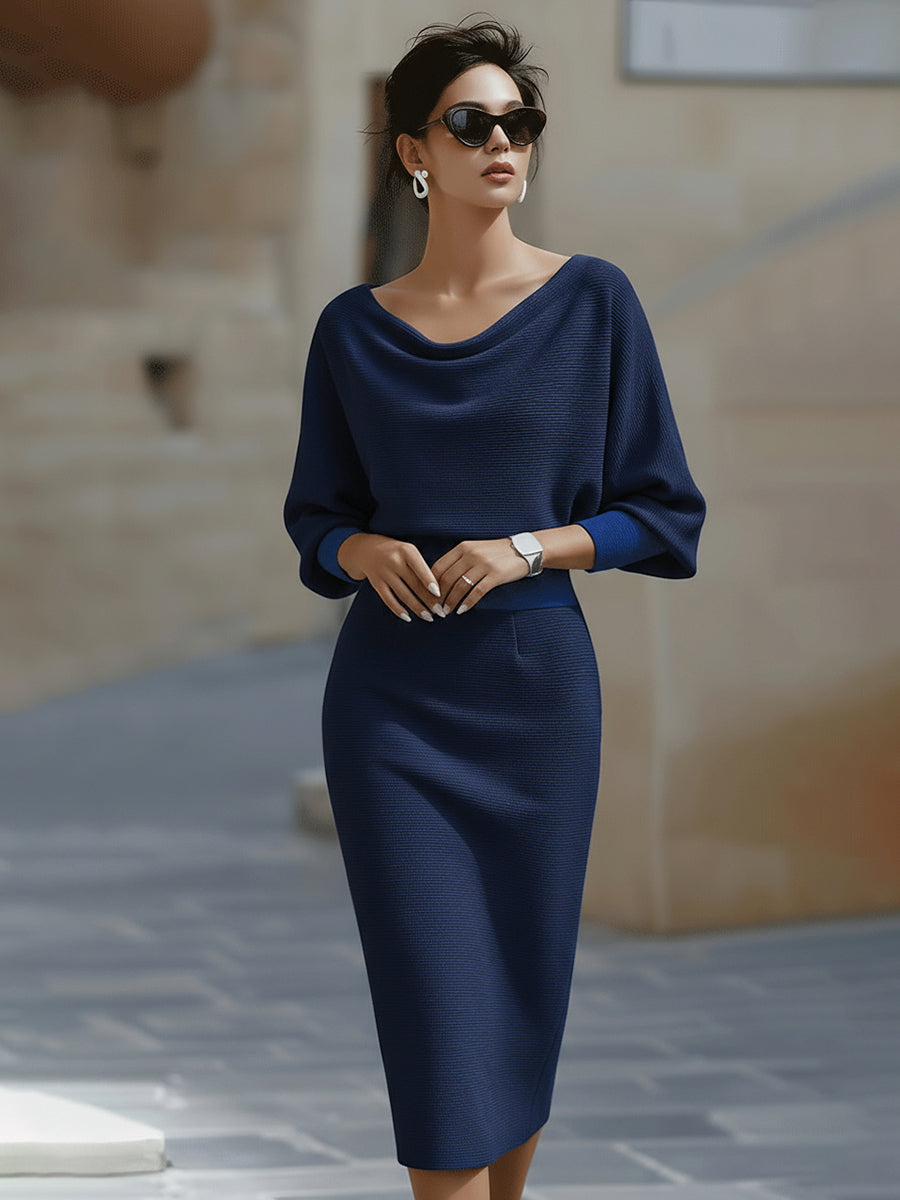 Dorvelli | Women's Midi Dress – White Batwing Draped - Navy