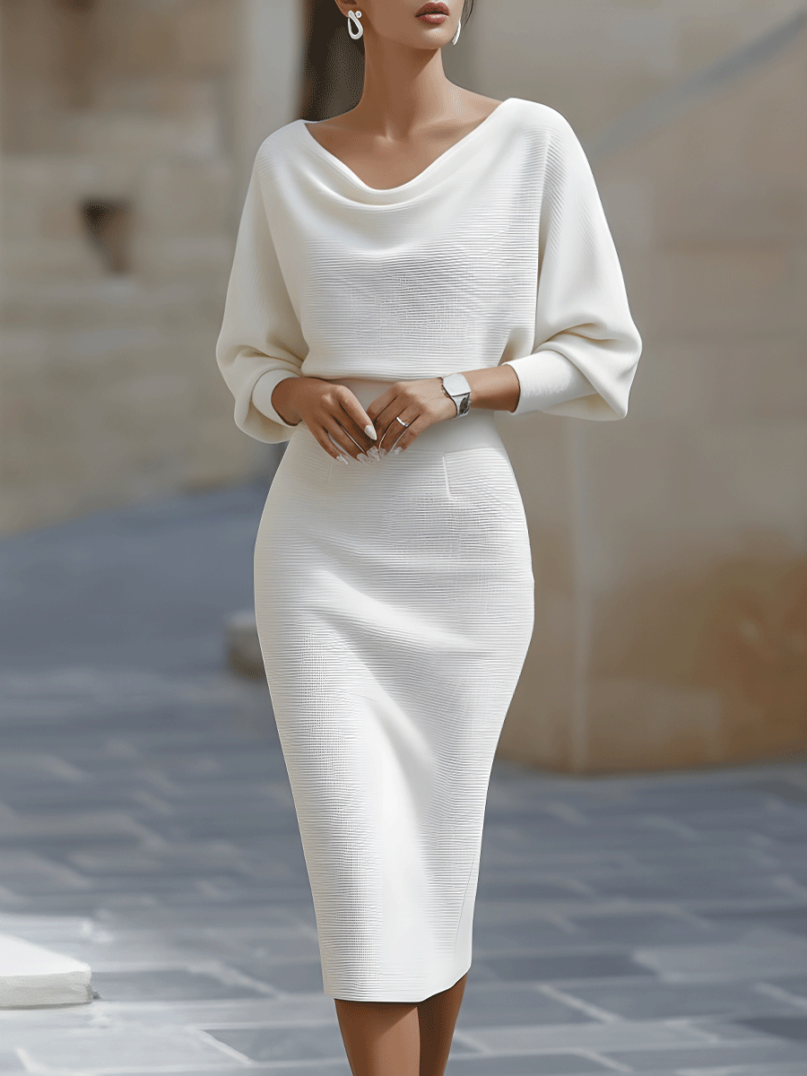 Dorvelli | Women's Midi Dress – White Batwing Draped - White