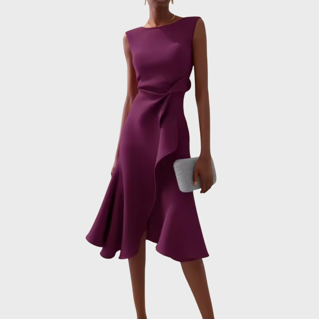 Dorvelli | Women’s Wedding Guest Midi Dress – Draped Asymmetric A-Line