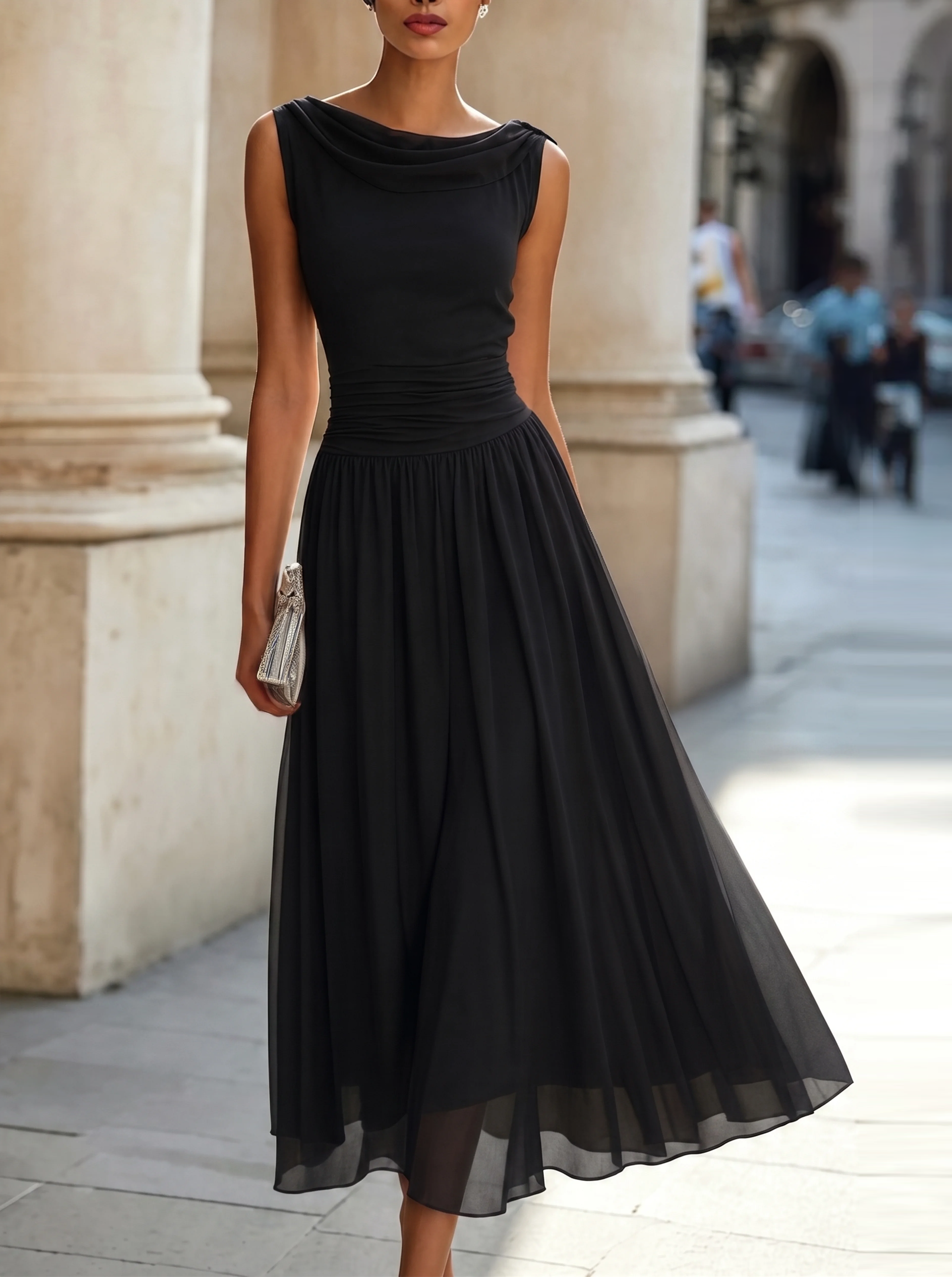 Dorvelli | Women's Midi Dress – Draped Neck Sleeveless - Black